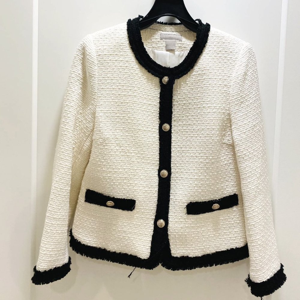 Sophisticated Cream and Black Trim Tweed Jacket - Nearly New